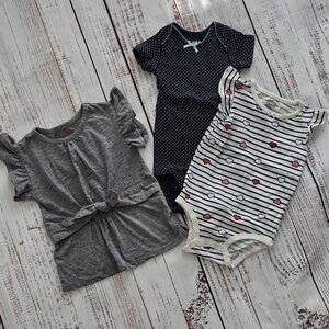 Charming Baby Onesies Trio - Stripes + Hearts, Dots, and Solid Gray